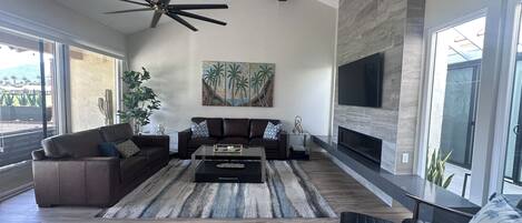 Smart TV, fireplace, books