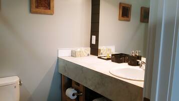 Hair dryer, towels, soap, shampoo