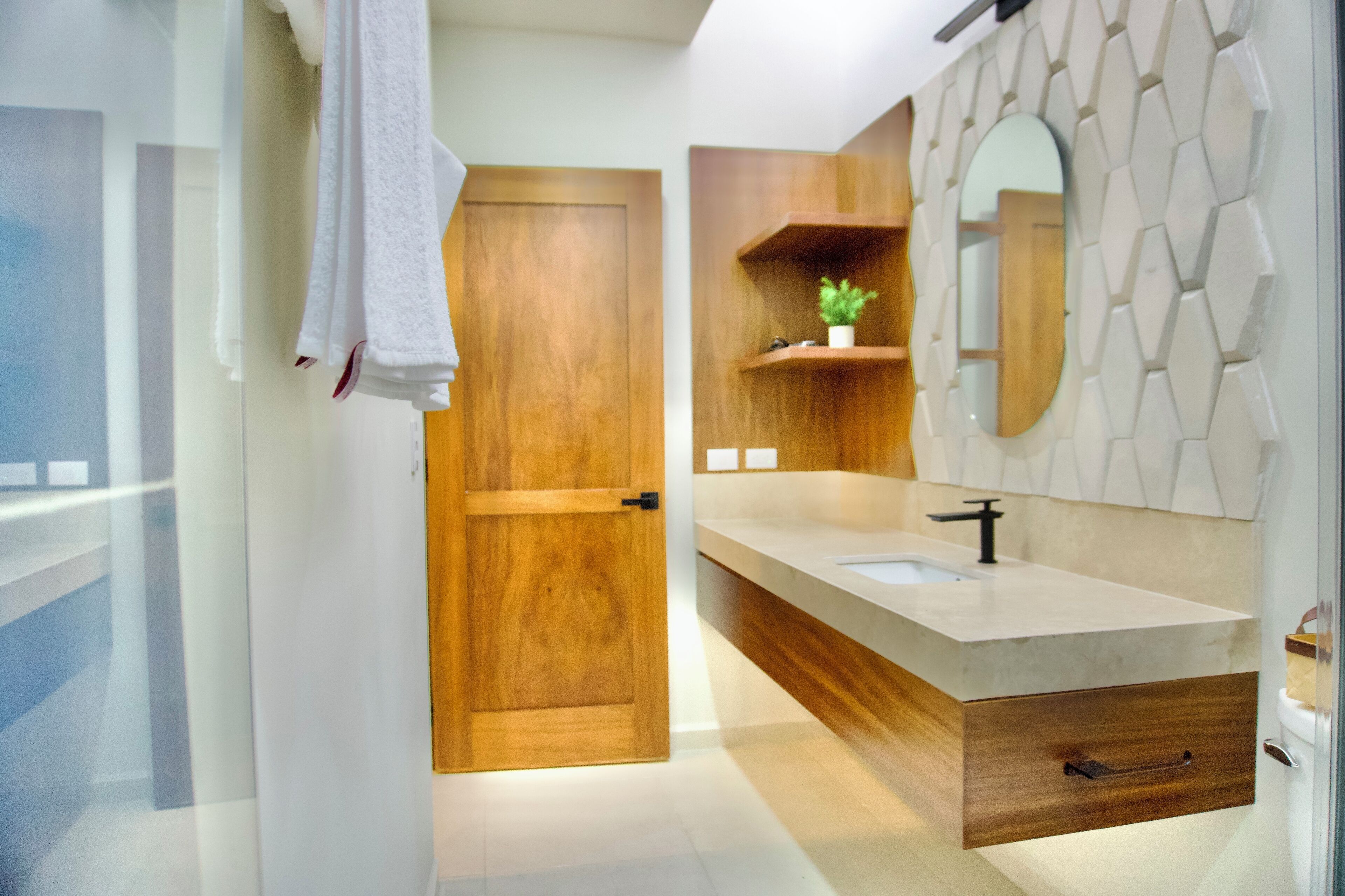 Shower, eco-friendly toiletries, hair dryer, towels