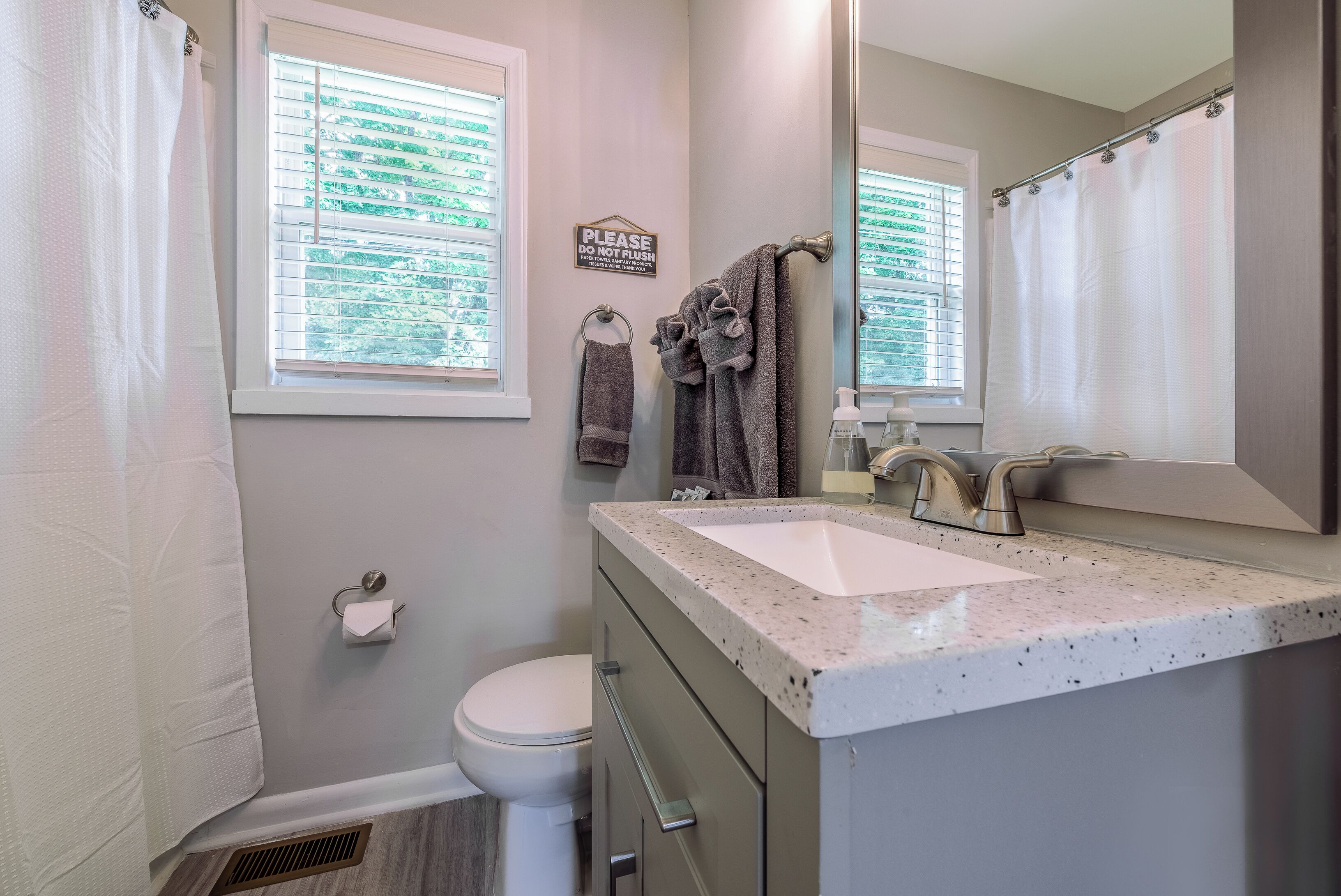 Hair dryer, towels, soap, shampoo