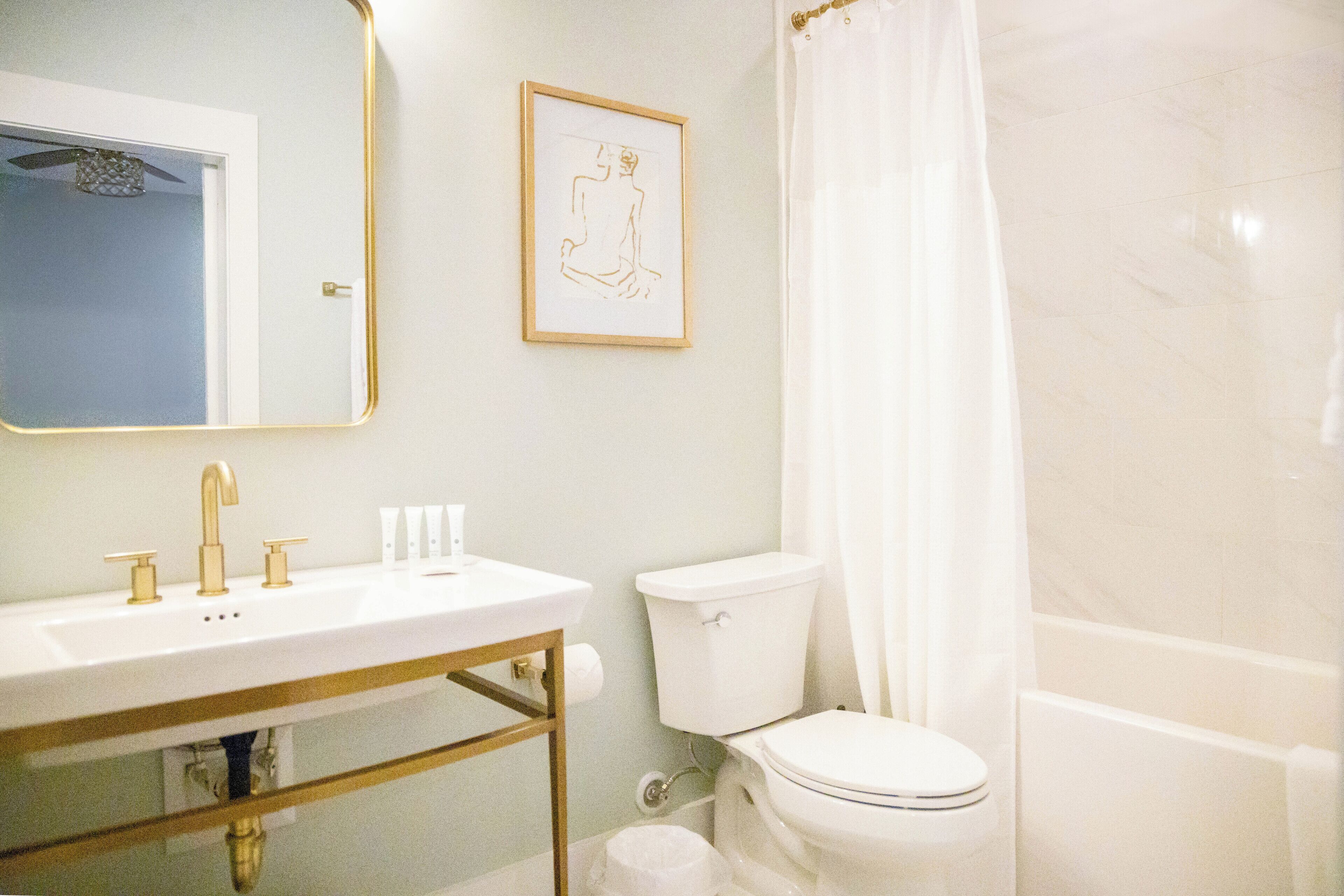 Hair dryer, towels, soap, shampoo
