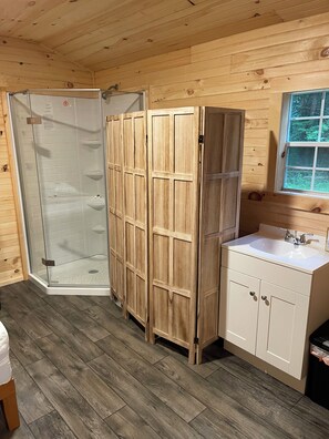 Shower, towels, soap, shampoo