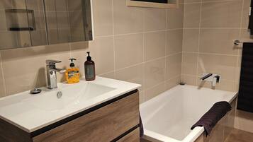 Hair dryer, towels, soap, shampoo