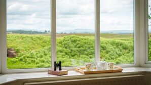 A window with a view of green fields and a cloudy sky.
