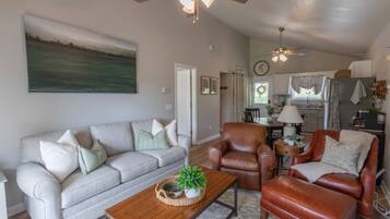 Smart TV, fireplace, DVD player, books