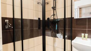 Shower, hair dryer, towels