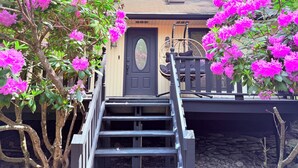 Et hus med en sort dør, en hængestol og blomstrende pink planter.