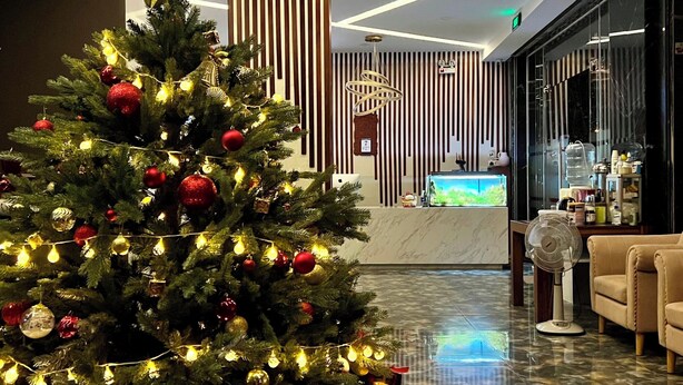 A modern lobby with a decorated Christmas tree, a reception desk, and a seating area. - Trieu Nguyen Hotel (Ho Chi Minh City)