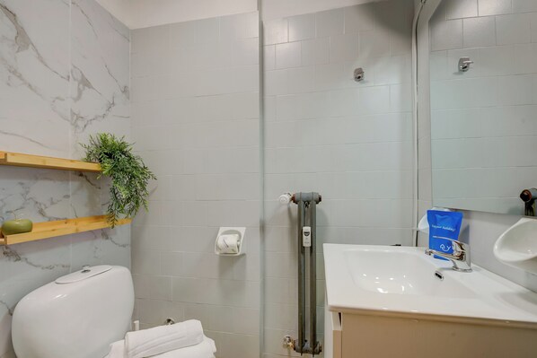 A bathroom with a toilet, a sink, a mirror, and a shower.