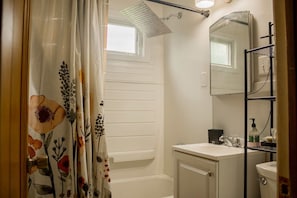 Hair dryer, towels, soap, shampoo