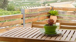 A wooden table with a green potted succulent on a woven mat, set on a balcony with a wooden railing.