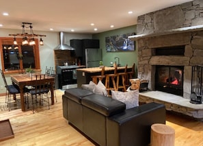 Smart TV, fireplace, video games, DVD player
