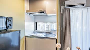 Fridge, microwave, electric kettle