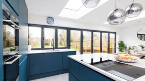 Une cuisine moderne dotée d’un grand îlot central, d’une verrière et offrant une vue sur le jardin arrière.