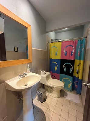 Shower, towels, soap, toilet paper