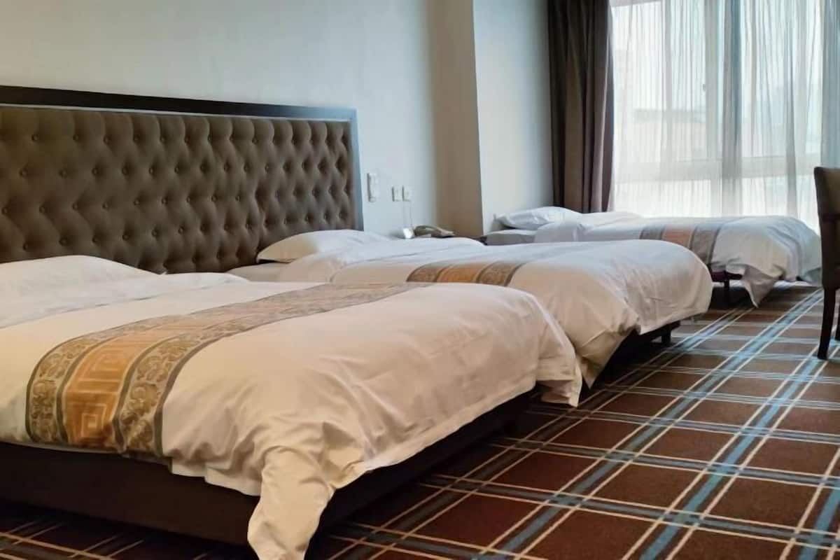 A hotel room with two beds, a tufted headboard, a patterned carpet, and a view through sheer curtains.
