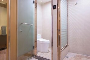Zona de ducha con mampara de vidrio, un inodoro y una puerta de cristal.