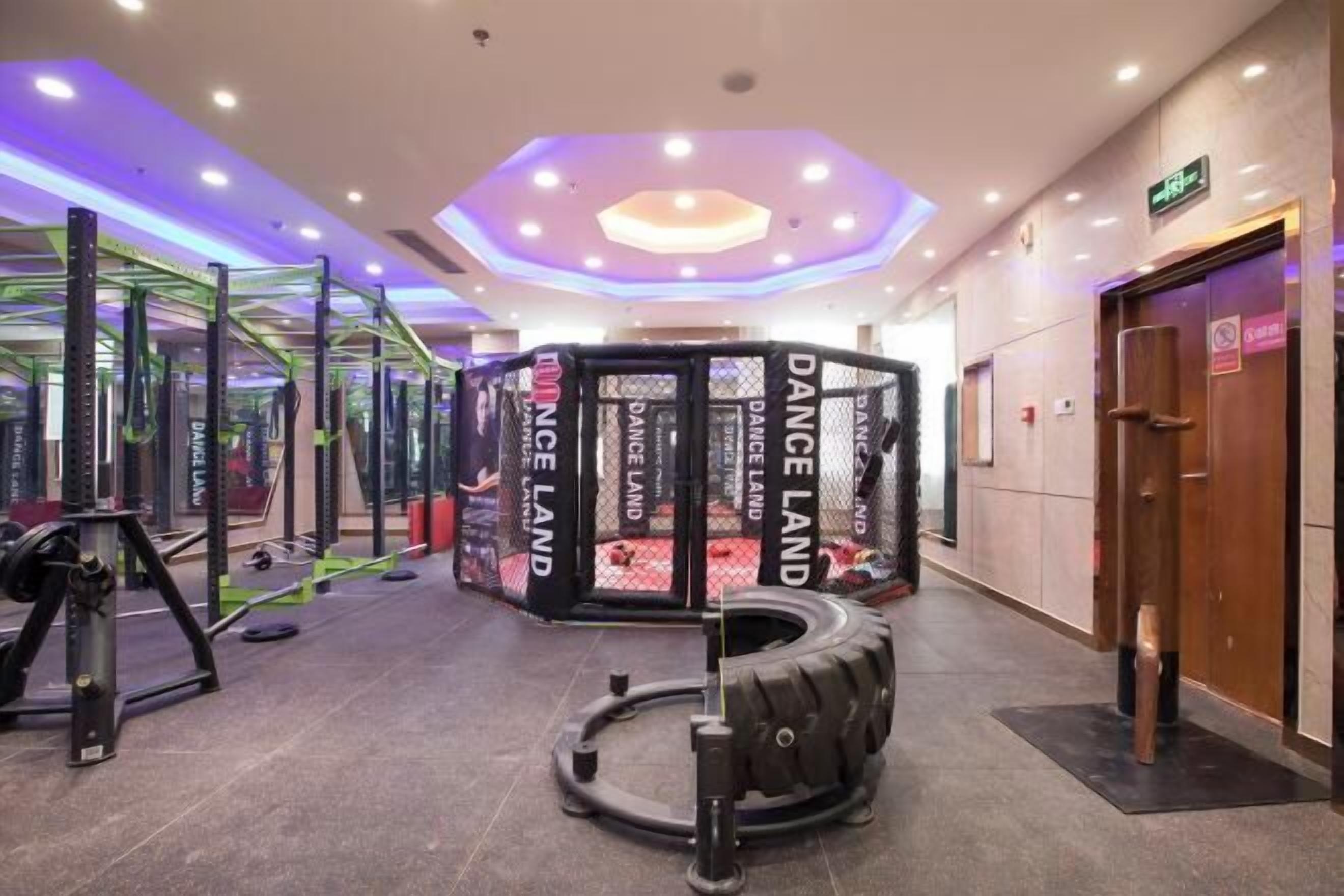 A gym area with weightlifting equipment, a boxing ring, and a tire exercise station.