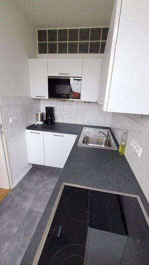 Frigorífico, microondas, horno y placa de cocina