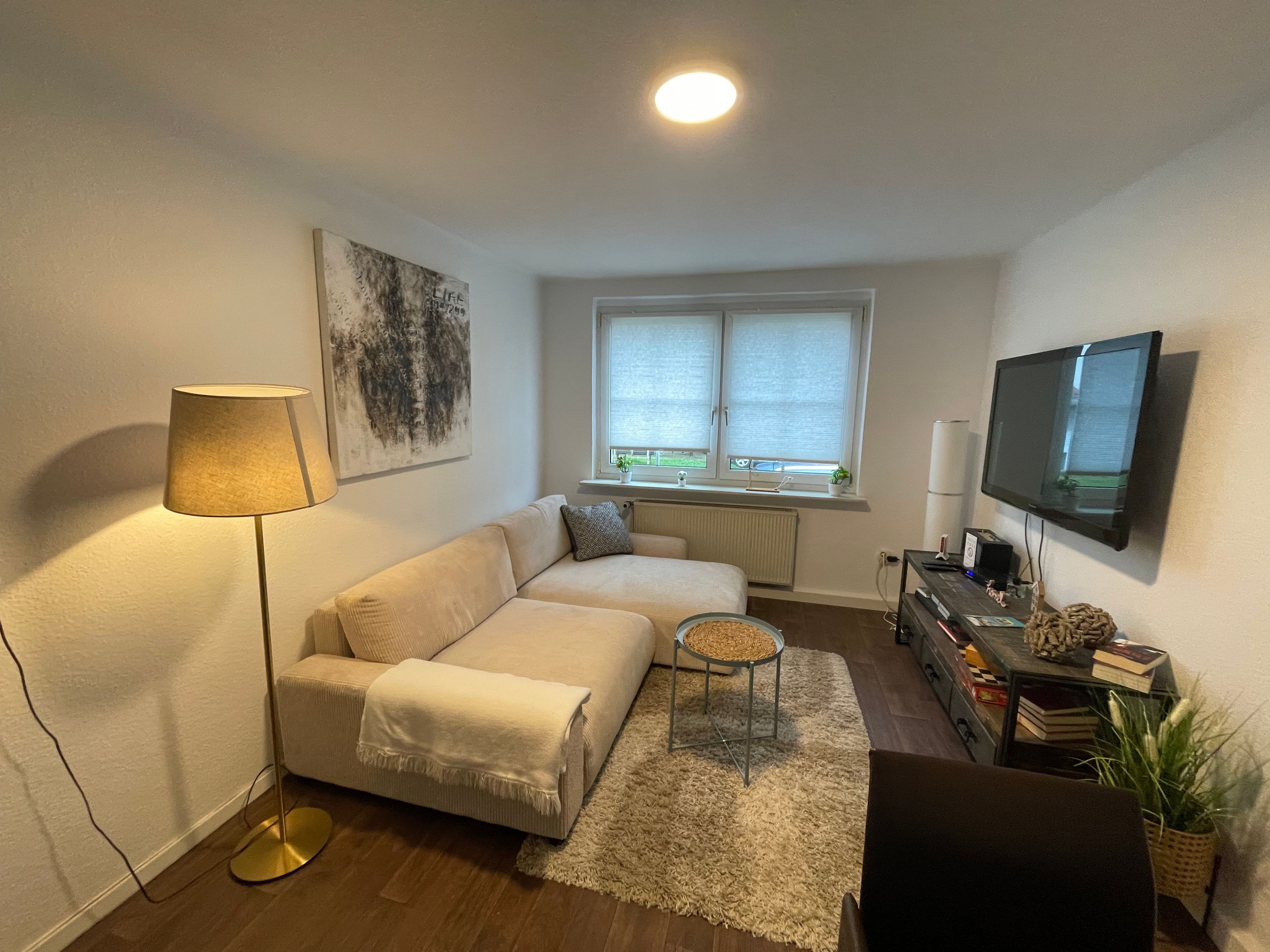 A living room with a sofa, a floor lamp, a television, and a window with a view.