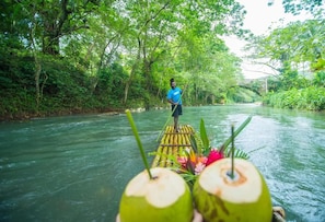 A person standing on a floating platform in a river surrounded by lush greenery. - Charming Sea View Town House Chef Driver Optional (Montego Bay)