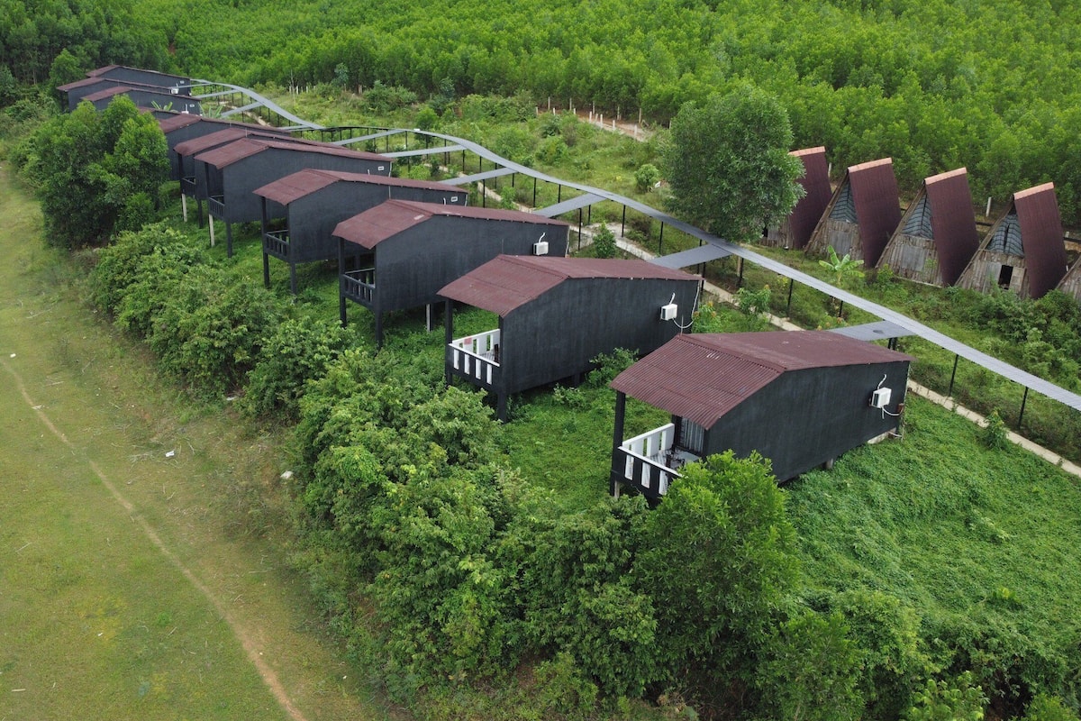 A row of black buildings with red roofs, surrounded by greenery and a pathway.
