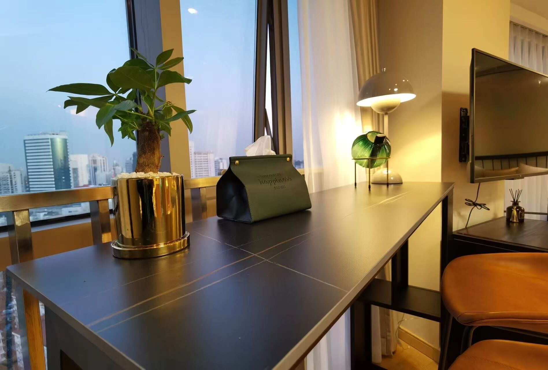 Habitación de hotel con vista a la ciudad, una planta, una lámpara, un televisor y un escritorio con un bolso.