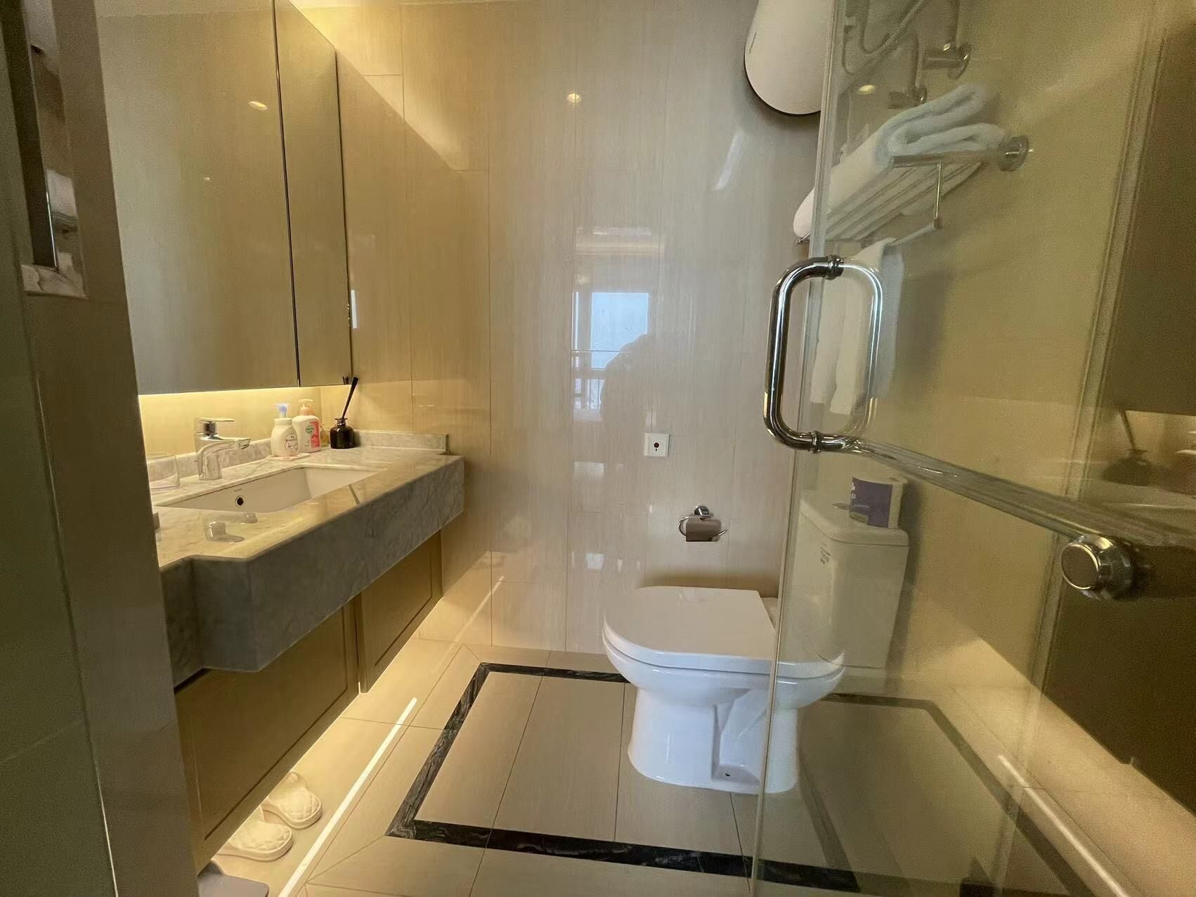 A modern bathroom with a glass shower enclosure, a white toilet, and a vanity with a sink and toiletries.