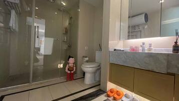 A modern bathroom with a glass shower enclosure, a toilet, and a vanity with a mirror.