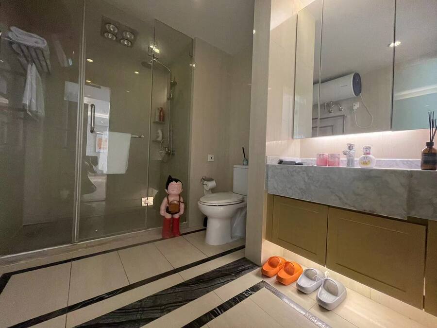 A modern bathroom with a glass shower enclosure, a toilet, and a vanity with a mirror.
