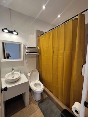 Regadera, toallas, jabón, papel de baño