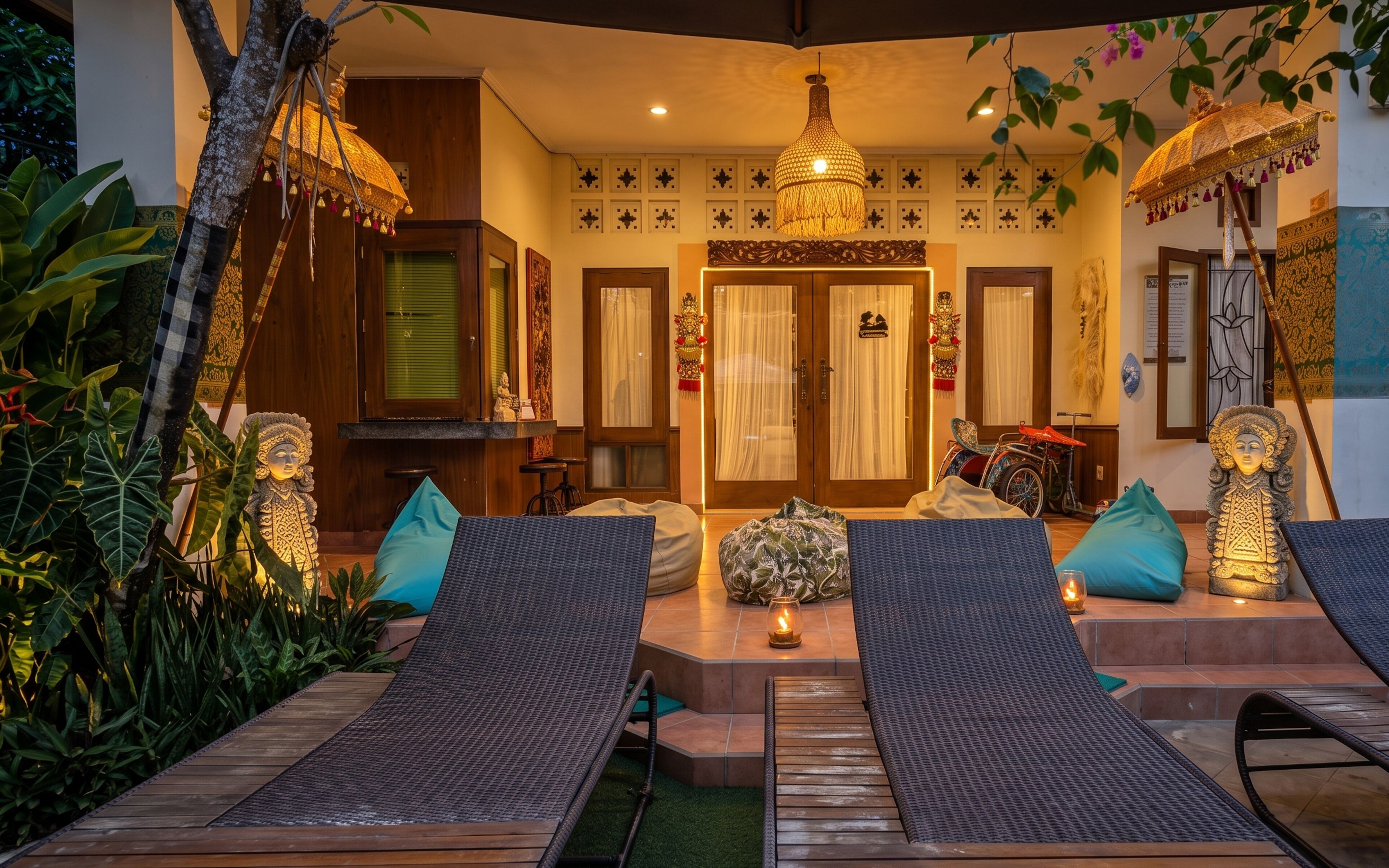 A traditional room with a wooden door, a hanging light fixture, and a wheelchair.