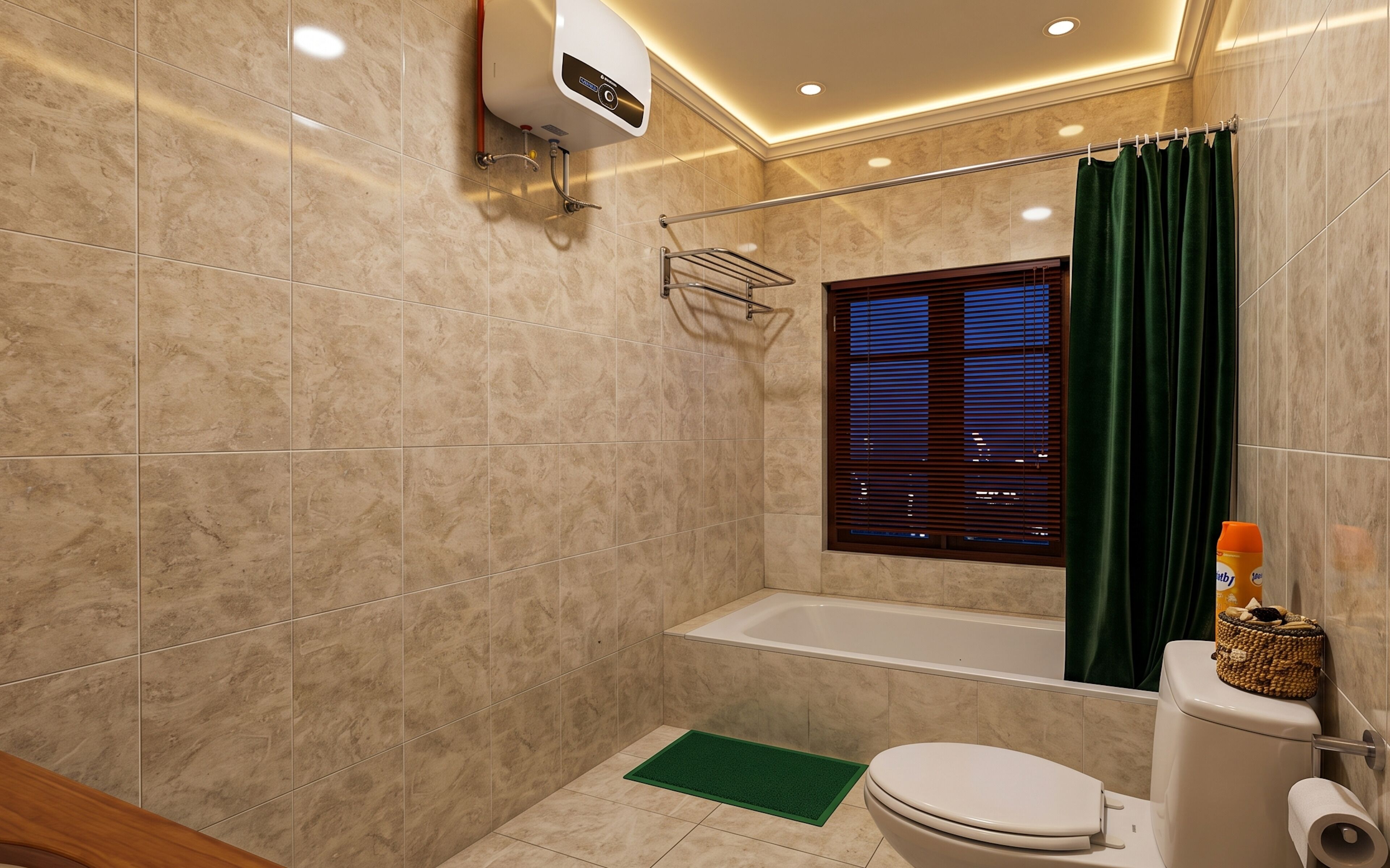 A bathroom with a bathtub, toilet, and shower area.