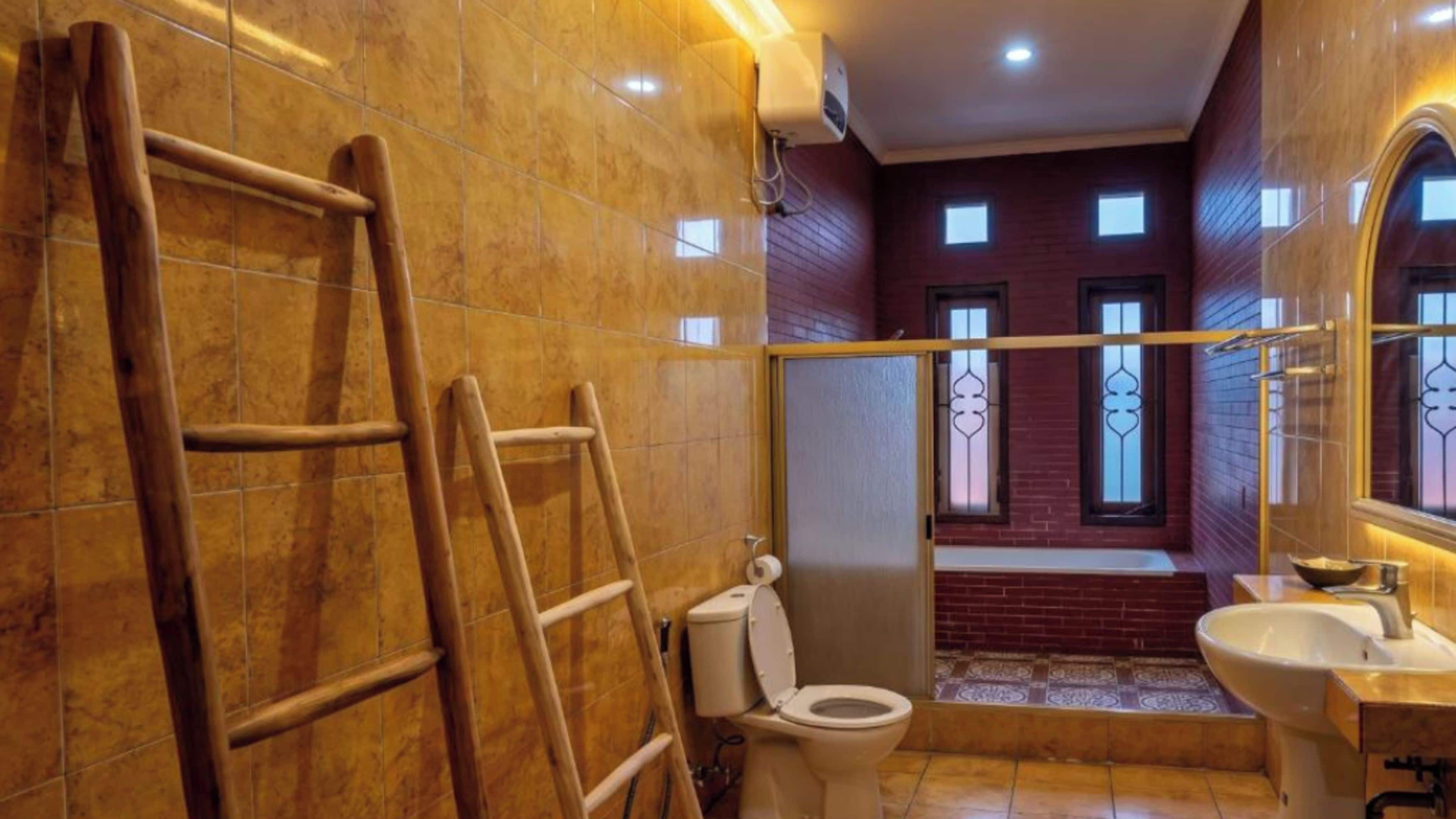 A bathroom with a toilet, sink, and a wooden ladder leaning against the wall.