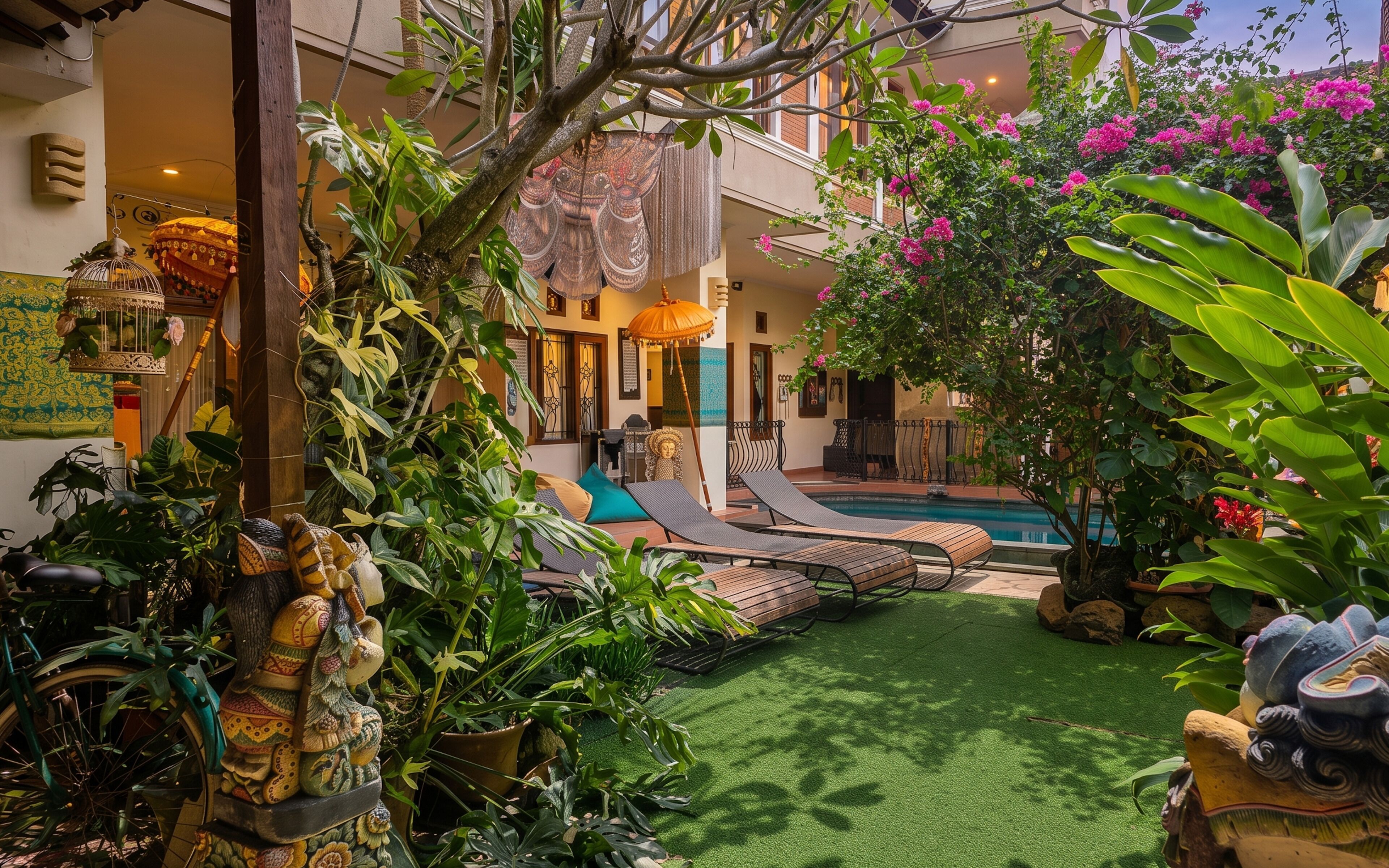 Un patio con piscina, sillas de descanso y diversas plantas.