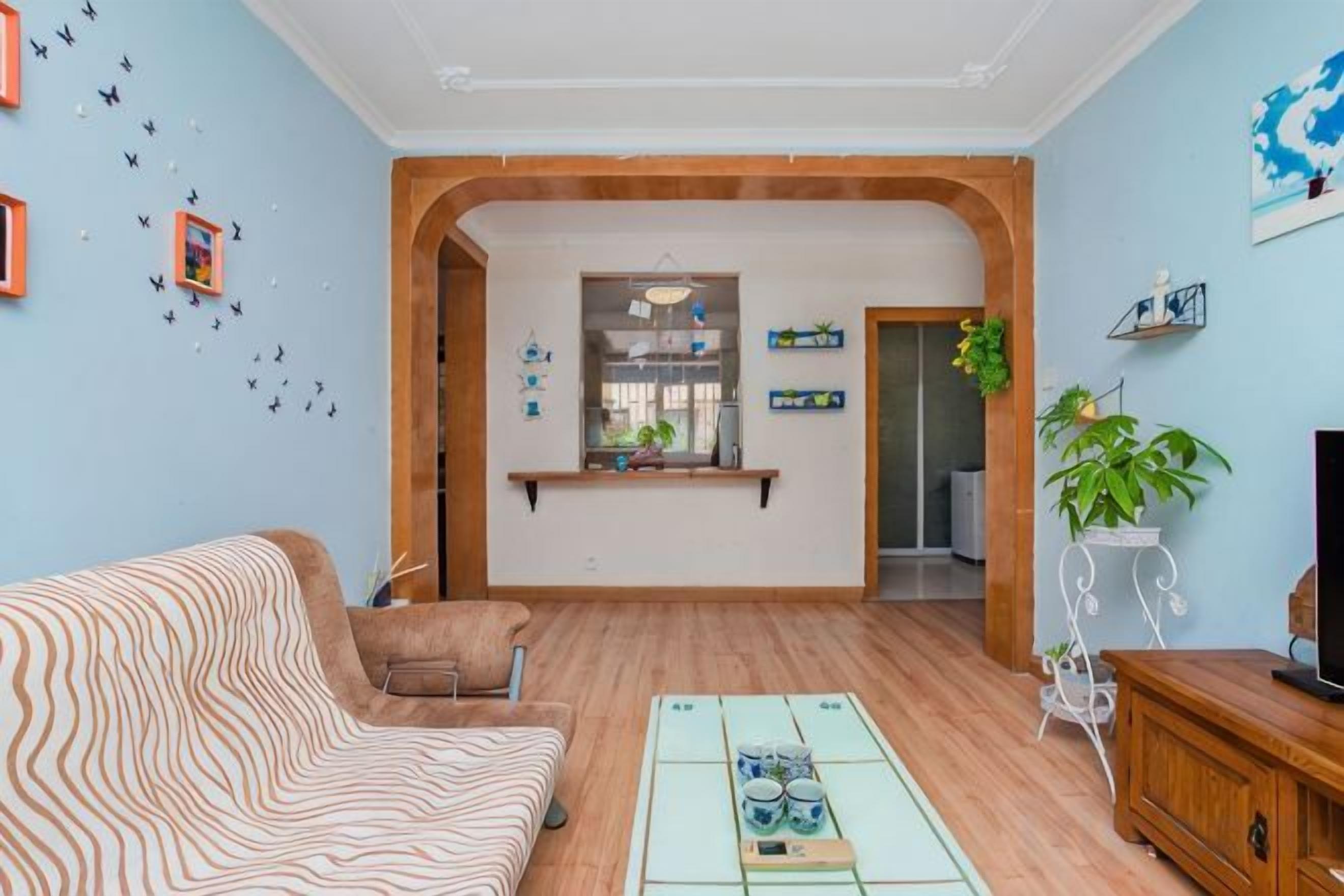 A living room with a sofa, coffee table, and a TV. There is a kitchen area with a window and a plant.