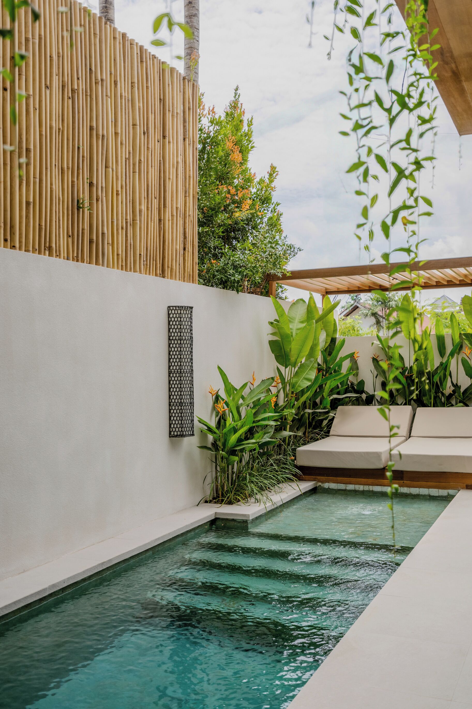 Ein moderner Außenpoolbereich mit Bambuszaun, Sitzgelegenheiten mit Kissen und üppigem Grün.