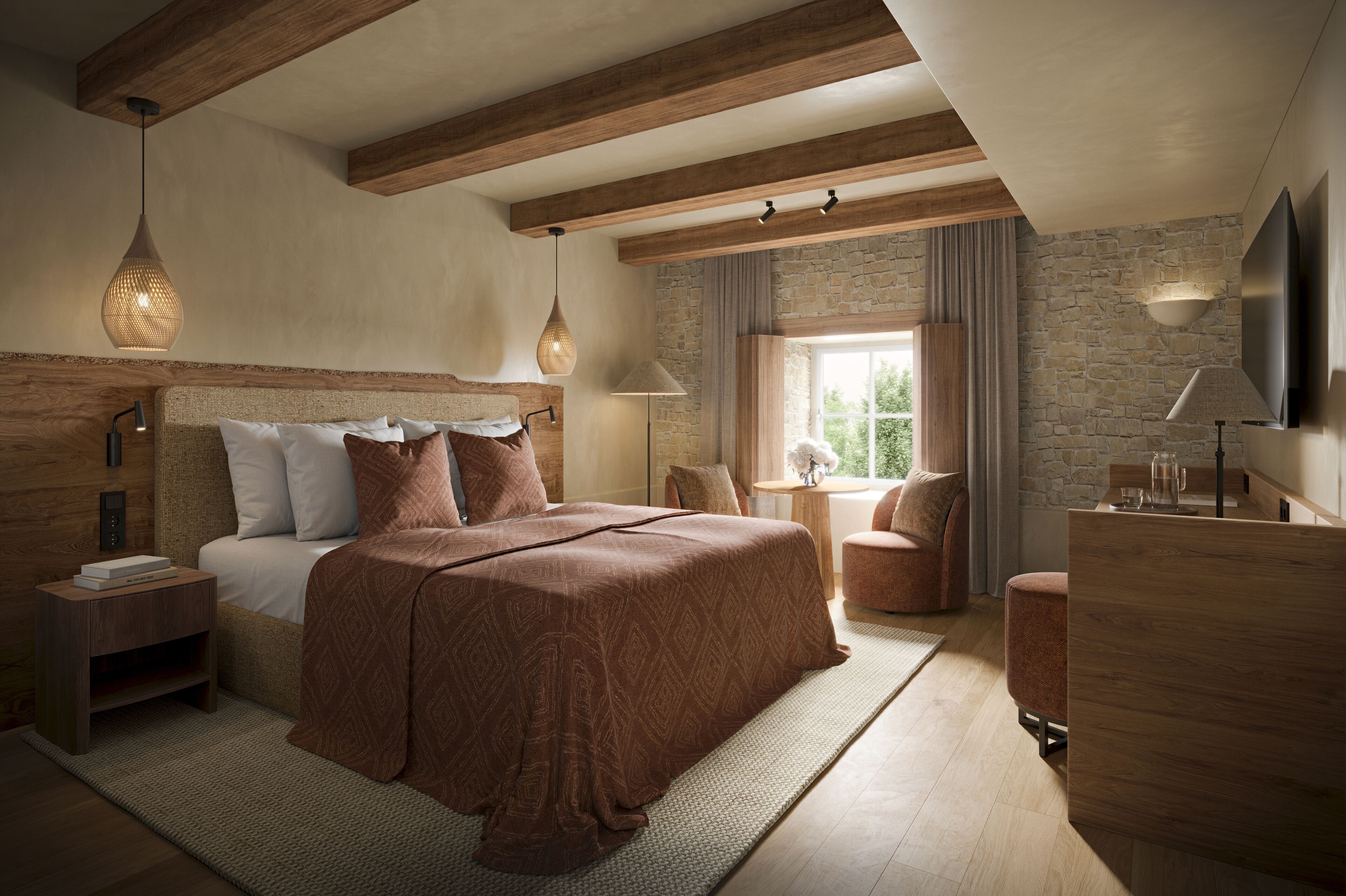 A bedroom with a large bed, wooden beams, stone wall, and a TV mounted on the wall.