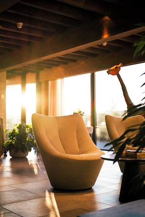 A modern interior with a round, textured armchair and a potted plant. - Van Oys Maastricht Retreat, a Leading Hotel of the World (Eijsden)