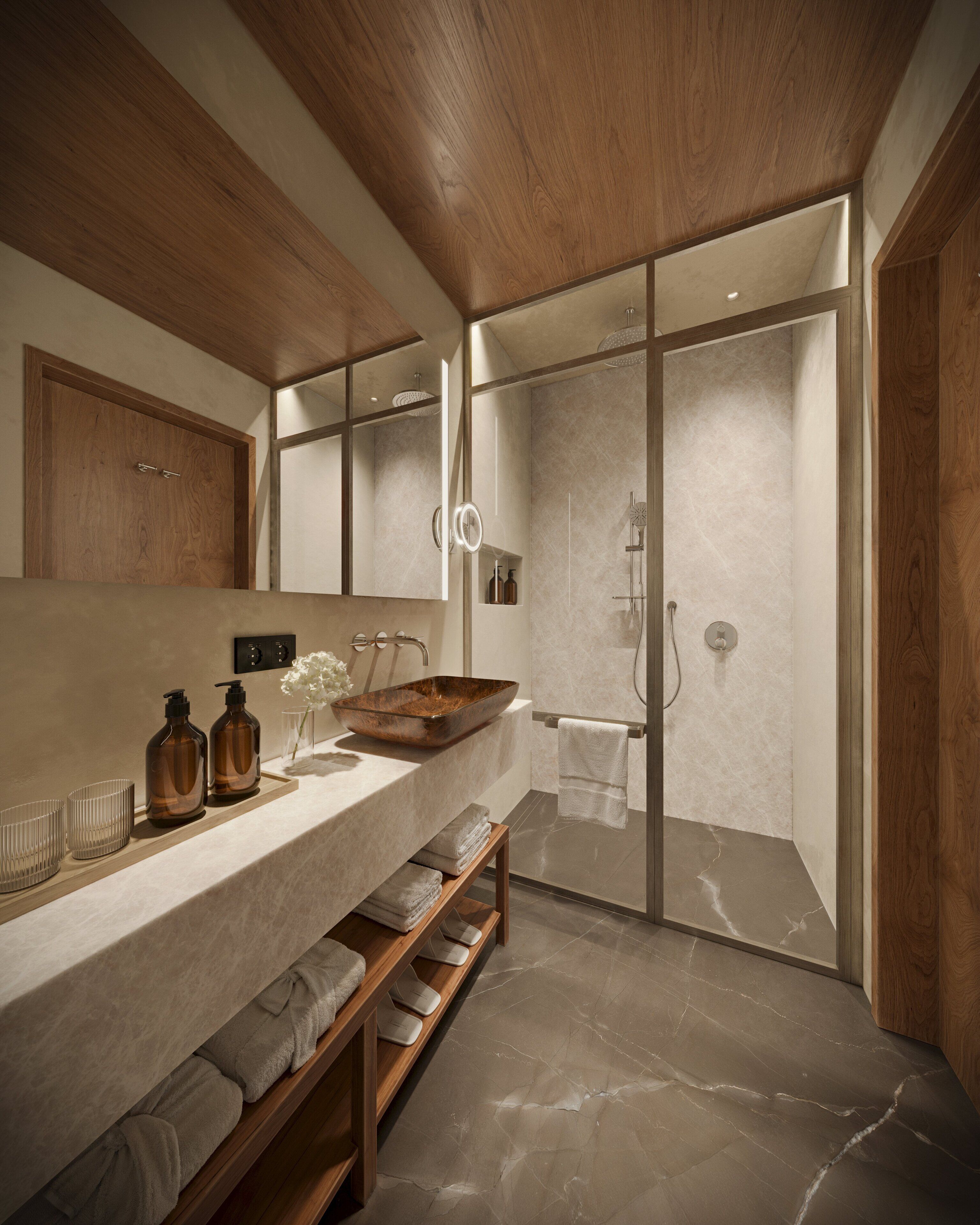 Un bagno moderno con un mobile bagno in legno, box doccia in vetro e pavimento in marmo.