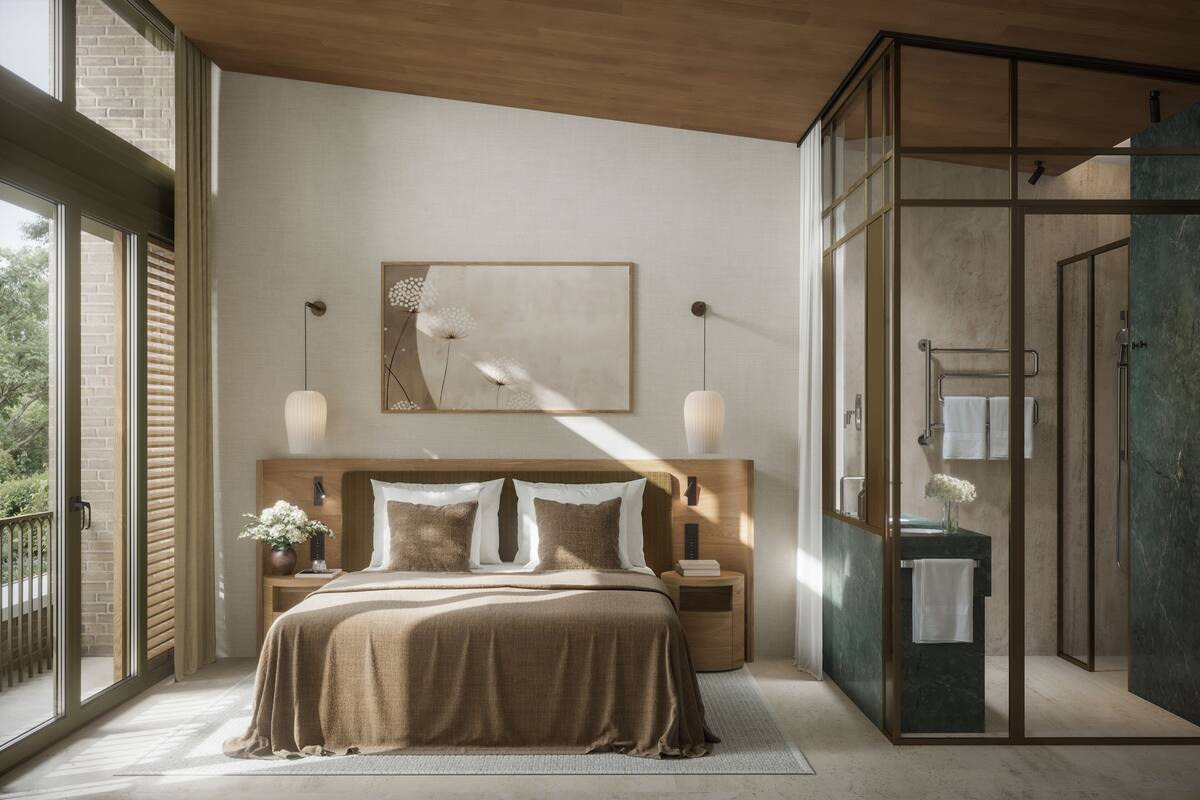 Une chambre à coucher moderne avec un grand lit, des lampes de chevet, une tête de lit en bois et une grande fenêtre.
