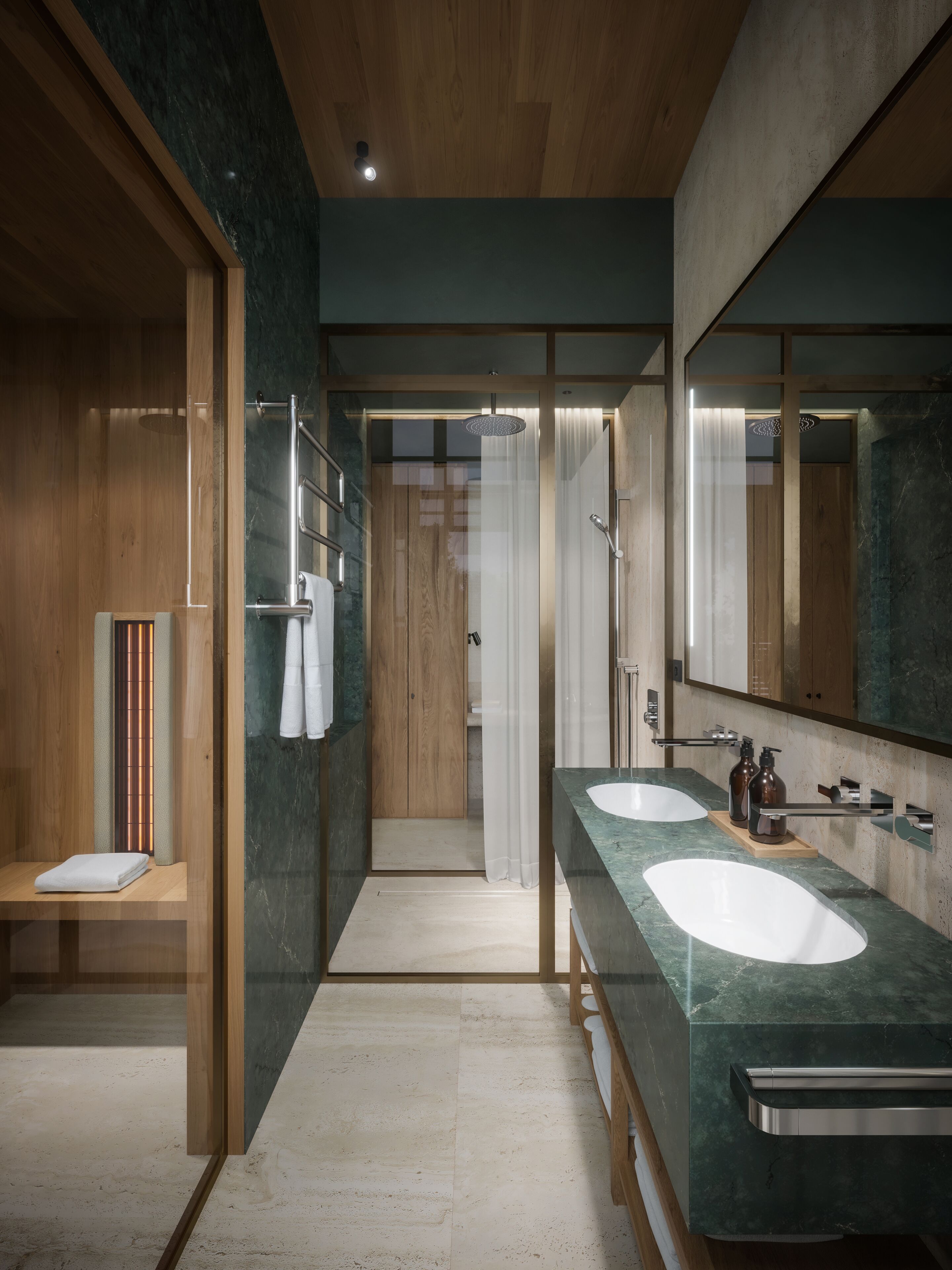 Un baño moderno con dos lavamanos, ducha y tocador de madera.