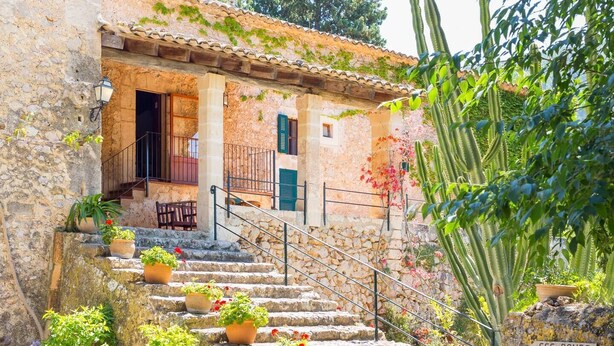 A stone staircase leading to a rustic building with a tiled roof, surrounded by potted plants and cacti. - Fangar Agroturismo (Campanet)