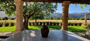 Un tavolo con un vaso sotto una pergola, vista su un prato e montagne.