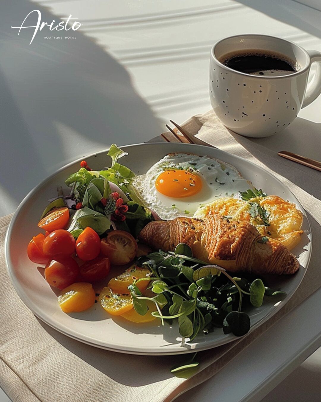 A plate of food with a croissant, egg, and vegetables, and a cup of coffee on a table.