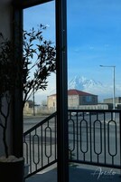 Vista desde un balcón con barandilla de metal, una planta en maceta y una montaña al fondo.