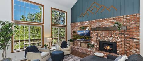 TV, fireplace, table football, books