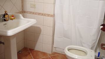 Een badkamer met een wastafel, toilet en douchegordijn.
