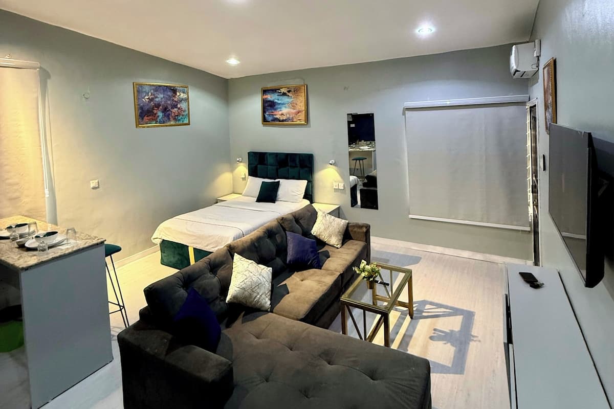 Une chambre moderne avec un lit, un canapé, une petite table et un téléviseur.