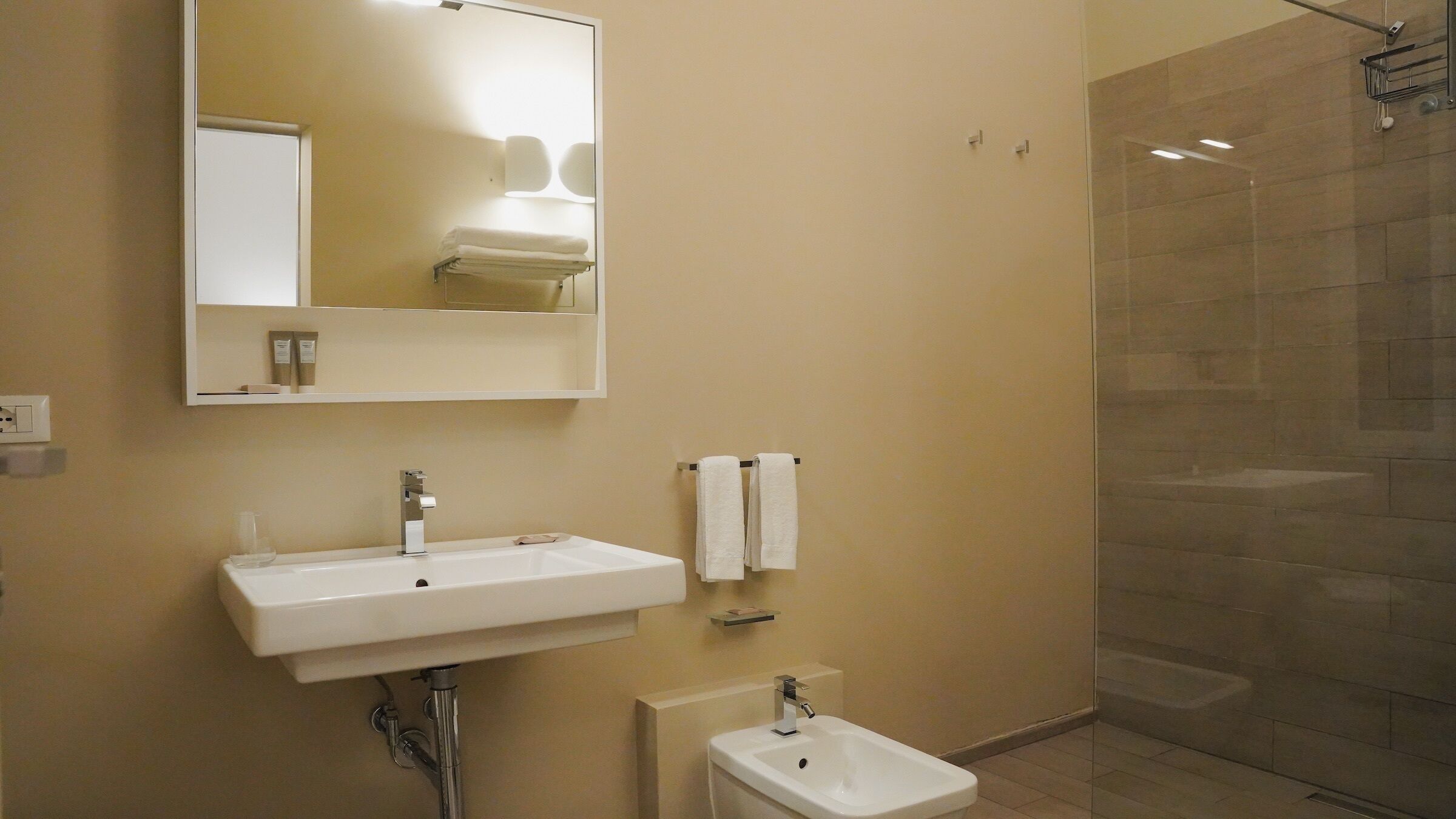 Une salle de bain moderne avec un grand miroir, un lavabo, un bidet et une douche à parois de verre.